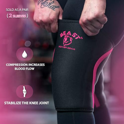 Beast Power Gear Neoprene Compression Knee Sleeves 7MM (Pair) Enhanced Knee Support in Squats Powerlifting Weightlifting and Wrestling – Unisex - color: Black/Pink, size: XX-Large