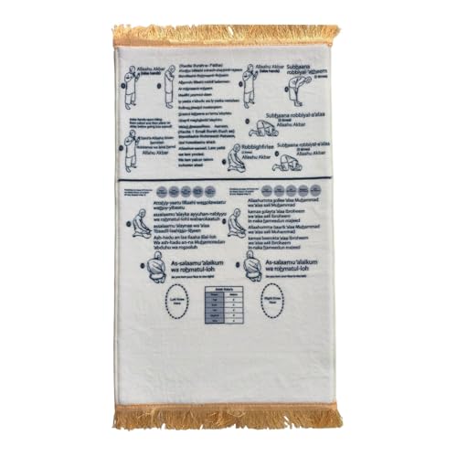 Bilingual Guided Prayer Mat with English Reading & Arabic Recitation Guide, Non-Slip Salah Prayer Mat with Instructions for Prayer Learning, Meditation (White, 80x120cm)