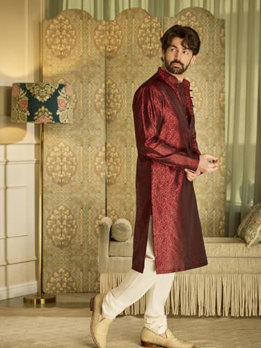 Sojanya (Since 1958 Men'S Teal Silk Blend Kurta Churidar Pyjama Set - color: Red and Off White, size: X-Large