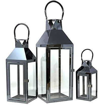Allgala 3-PC Lantern Set 24 Inch Jumbo Deluxe Modern Indoor/Outdoor Candle Lantern Set Black Stainless Steel Frame Tempered Glass Pyramid Top for Garden Poolside Fireplace Wedding - color: Pyramid Top Black