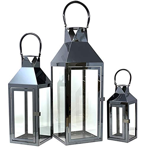 Allgala 3-PC Lantern Set 24 Inch Jumbo Deluxe Modern Indoor/Outdoor Candle Lantern Set Black Stainless Steel Frame Tempered Glass Pyramid Top for Garden Poolside Fireplace Wedding - color: Pyramid Top Black