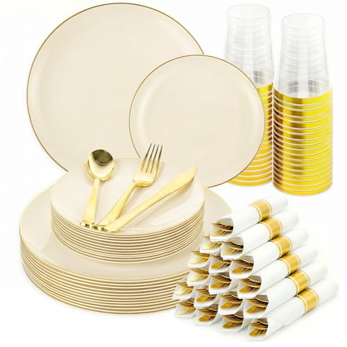 175pcs Plastic Dinnerware Set Ivory and Gold for 25 Guests - color: Ivory, size: 175pcs（25guests）