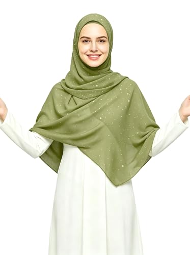 Lina & Lily Sparkle Shimmer Gold Glitter Women's Chiffon Hijab Head Scarf Shawl Wrap Lightweight - color: Light Olive