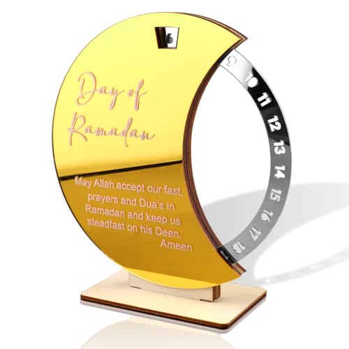 Rotatable Ramadan Countdown Calendar Wooden Acrylic Eid Mubarak Count Down Muslim Festival Reminder Calendars Gold Silver Round Rotating Calendar Ramadan Decorations for Home Islam Kareem Party Decor - color: Gold