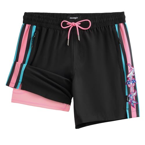 maamgic Mens Swim Trunks - Mens Bathing Suit with Compression Liner 7 Inch Quick Dry Fshion Stretch Zipper Pockets Swimwear - color: 1-black-pink-shark, size: Large