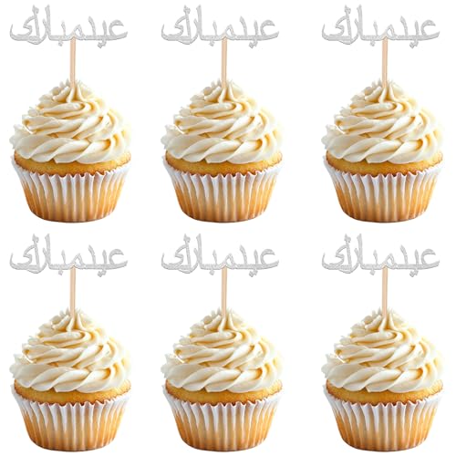 24 PCS Eid Mubarak Cupcake Toppers Gold Eid Mubarak Cupcake Picks Arabic Happy Ramadan Kareem Cake Decorations for Islamic Muslim Theme Ramadan Kareem Party Cake Decorations Supplies Silver - color: Style 6 Silver