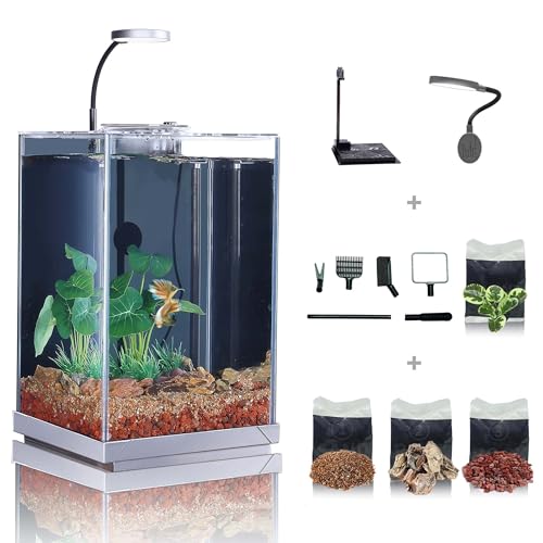 Nano Desktop Betta Fish Tank Set, 2.7 Gallon Glass Aquarium Hidden Bottom Filtration System Self Cleaning Filter Light Gravel Plant Cleaning Tool, for Small Space Easy Setup Space-Saving Design - size: 2.7 Gallon