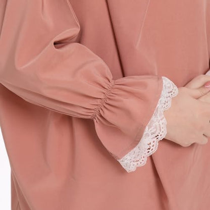 Kids Girls Muslim Islamic Two-piece Outfits Lace Long Sleeve Hijab Dress Abaya and Loose Skirt Full Cover Kaftan - color: Light Pink, size: 18-24 Months