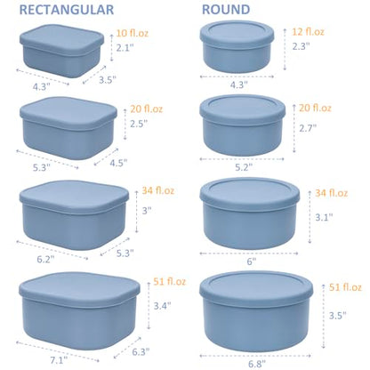 100% Silicone Food Storage Containers with Lids, 8 Pack, 10oz to 51oz, Reusable Leakproof Nesting & Stackable Silicone Bento Lunch Box, Microwave Freezer Dishwasher Oven Safe, BPA Free, Slate Blue - color: Slate Blue | 8 Pack