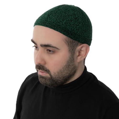 Modefa Islamic Prayer Kufi Hats for Men Chenille Knitted Stretchable Muslim Cap One-Size Fit - color: Forest Green