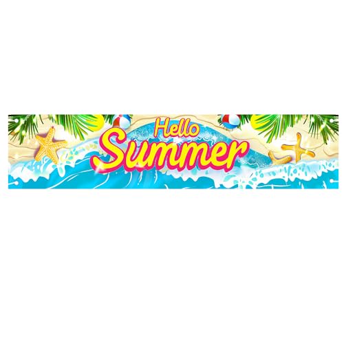 Summer Banner 78 x 17 in Hello Summer Beach Wave Starfish Backdrop - color: Colorful B1241