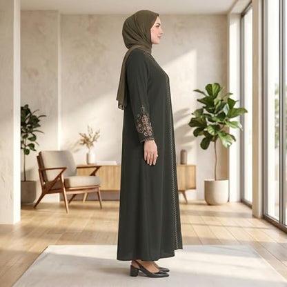 Women's Embroidered Sleeves Abaya and Embroidered On The Side of The Zipper Long Sleeve Floor Length Turkish Fashion - color: Green, size: Medium