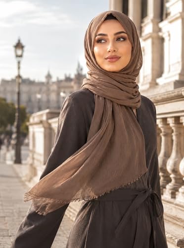 Cotton Linen Plain Hijab Scarf For Women,Muslim Viscose Crinkle Edge With Fringe,Summer Beach Wrap Headwraps Shawl - color: 34#camel