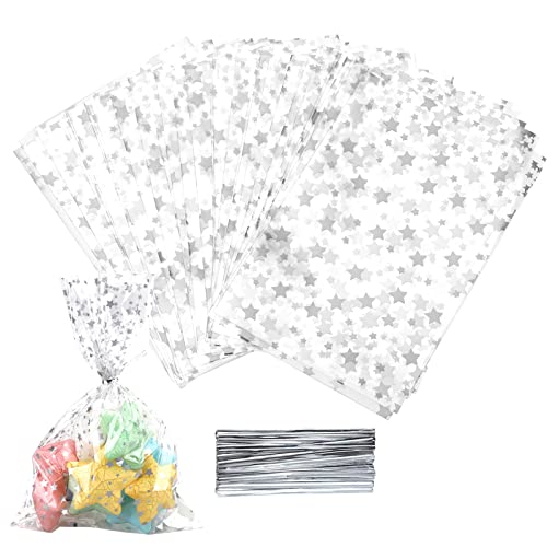100 Pcs Star Printed 4"X 9" Gift Wrap Cello Cellophane Treat Bags Party Favor bags Clear Candy Cookie Bags Plastic Poly Goodie Storage Bags with Twist Ties for Bakery,Birthday, Wedding ,Party Decorations (Silver) - color: Silver, size: 4x9 in