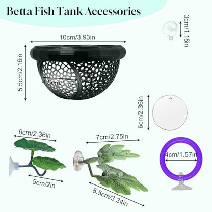 Floating Betta Hammock & Fish Toys Set,7Pcs Betta Fish Tank Accessories Mirror and Exercise Ring with Leaf Hammock Simulates Natural Habitat Comfortable Resting for Betta, Shrimp & Small Fish