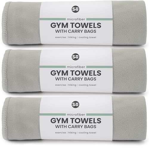 S&T INC. Seude Microfiber Gym Towels & Carry Bags, 3 Pack, 12" x 40", Grey | Absorbent and Lightweight Camping Towel, Cooling Towel with Bags, Quick-Dry and Compact for Tavel, Machine Washable - color: Grey (3 Pack)