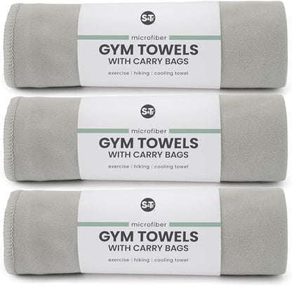 S&T INC. Seude Microfiber Gym Towels & Carry Bags, 3 Pack, 12" x 40", Grey | Absorbent and Lightweight Camping Towel, Cooling Towel with Bags, Quick-Dry and Compact for Tavel, Machine Washable - color: Grey (3 Pack)