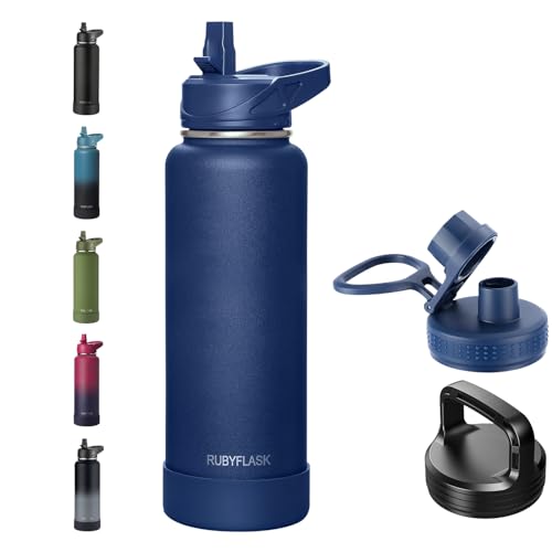RUBYFLASK 40 oz Insulated Stainless Steel Water Bottle with Straw | 3 Lids, Wide Mouth, Metal Vacuum Leakproof Water Jug Flask and Handle, Large Thermal Cup with Silicone Boot, Navy - color: .Navy, size: 40 Ounces