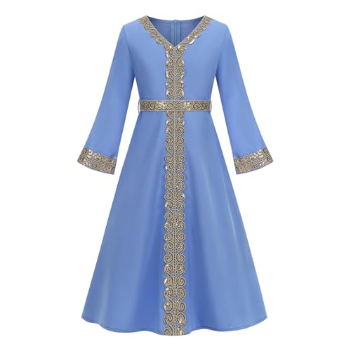 OBEEII Girls Muslim Abaya Ramadan Long Bell Sleeve V Neck Sequins Church Prayer Dress with Belt Islamic Eid Robe Kaftan - color: Blue-sequins, size: 6-7 Years