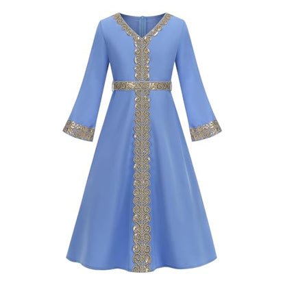OBEEII Girls Muslim Abaya Ramadan Long Bell Sleeve V Neck Sequins Church Prayer Dress with Belt Islamic Eid Robe Kaftan - color: Blue-sequins, size: 12-13 Years