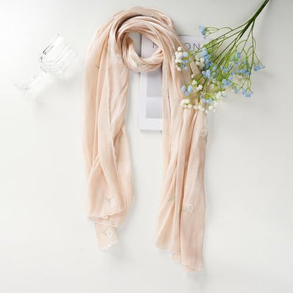 Shinny Threat Hijab Flower Embroidery Shawl Scarf Summer Cool Headwrap | Shinny Threat, Flower Embroidery - color: Light Yellow