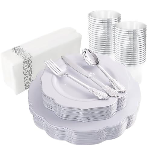 NOCCUR 175pcs Silver Plastic Plates - Silver Rim Plastic Tableware Include 25 Dinner/Dessert Plates, 25 Forks, 25 Knives, 25 Spoons for Wedding/Party - color: Silver White, size: 175 Pieces (25 Guests)