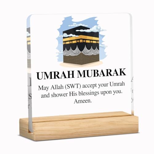 Umrah Mubarak Islamic Acrylic Sign Decor Hajj Ramadan Mubarak Table Decor Muslim Gifts Acrylic Plaque Arabic Ramadan Tree Gifts for Men Women with Wood Stand 4 X 4 Inches - style: Antique
