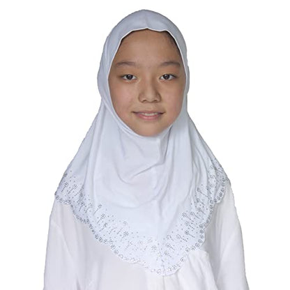 Girls Hijab with Rhinestones – Sparkly Non-Slip Amira Scarf for Kids, for Daily Prayer, School, Ramadan & Eid (Ages 4-12) - color: White-wavy Edge
