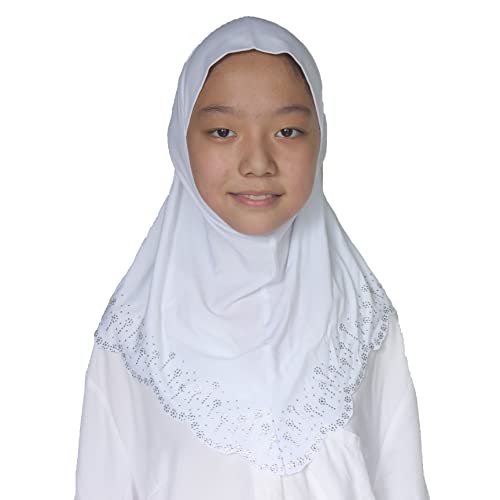 Girls Hijab with Rhinestones – Sparkly Non-Slip Amira Scarf for Kids, for Daily Prayer, School, Ramadan & Eid (Ages 4-12) - color: White-wavy Edge