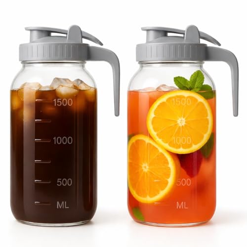 Mason Jar Pitcher Set of 2, 64oz (2quart) Glass Pitcher with Lid for Tea | Airtight, Leak proof, Ergonomic Handle, Pour Spout Lid, Fridge Safe, for Sun Tea, Iced Tea, Cold Brew, Lemonade, Outside - color: Grey & Grey, size: 64 Ounces