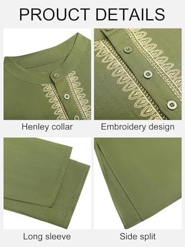 Yousify Mens Kaftan Thobe Casual Henley Shirts - color: Army Green, size: XX-Large