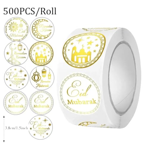 500피스 라마단 이드 알피트르 라운드 스티커 롤, 2.5cm(1인치) 문 스타 모스크 돔 패턴 이슬람 무바라크 장식, 무슬림 축하 선물 포장 씰 라벨 골든 - color: 골든