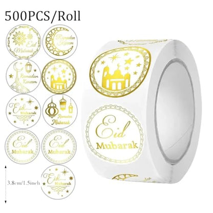 500pcs Ramadan Eid al-Fitr Round Stickers Roll, 1-inch Moon Star Mosque Dome Pattern Islamic Mubarak Decorations, Muslim Celebration Gift Wrap Seal Labels Golden - color: Golden