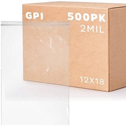 GPI - 12" x 18" Zip Bags, 500 Count, Clear Plastic Reclosable Zipper Poly Baggies, with Resealable Zip Top Lock. for Freezer, Apparel, Clothing, Food, Home & Office Supplies. - size: 12" x 18"