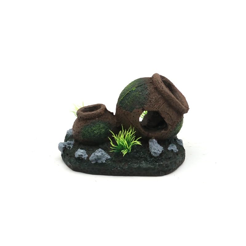 Rustic Broken Barrel Aquarium Decoration, Resin Fish Tank Hideout with Ancient Pot Design and Artificial Plants