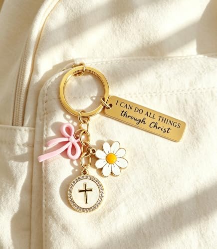 Christian Gifts Inspirational Bible Verse Religious Cross Keychain - color: Gold