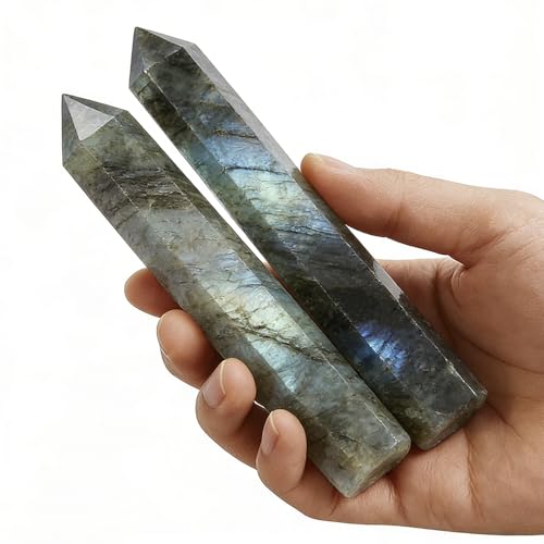 Natural Labradorite Crystal Point - 5.8-6.2 inch Labradorite Wand with Iridescent Rainbow Flash Stone for Energy Protection, Spiritual Awakening & Decoration - (Labradorite /5.8-6.2 inch 2pcs) - color: Labradorite /5.8-6.2 Inch 2pcs