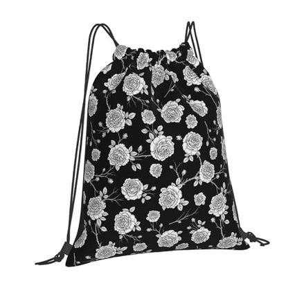 Breathable Polyester Drawstring Bag Black Roses Pattern, Large Capacity String Backpack for Swimming Pool - color: Pattern (362)