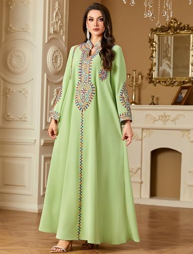 ABEWIP Muslim Dresses for Women Ramadan Kimono Long Sleeve Embroidered Islamic Prayer Dress Turkey Dubai Eid Abaya Kaftan - color: Green, size: XX-Large