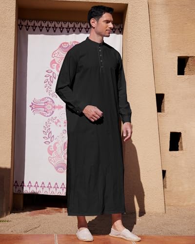 YAOHUOLE Muslim Thobe for Men Button down Mens Caftans Big and Tall Mens Arab Thobe with Pocket - color: Black, size: Medium