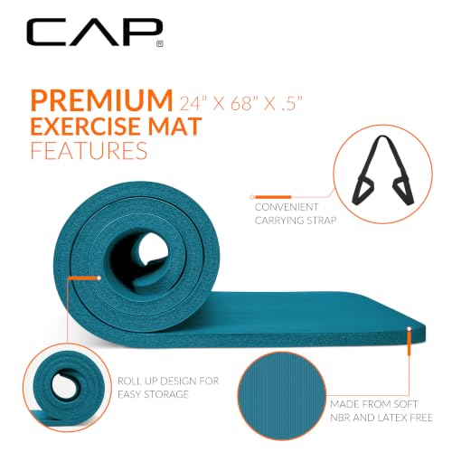 CAP Barbell 1/2-Inch High Density Exercise Yoga Mat with Strap | Multiple Options - color: Teal, style: Yoga Mat