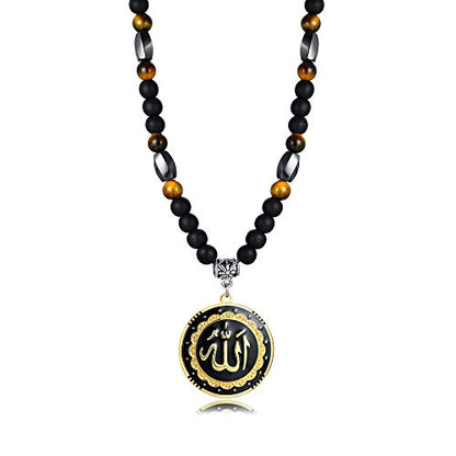 MEALGUET Allah Medallion Necklace, Stainless Steel Islamic Jewelry,Arabic Jewelry,Allah Name of God Round Pendant Necklace for Women and Men with Agate Beaded Chain, Muslim Gift Jewelry, Gift - style: Gold Plated-gemstone necklace