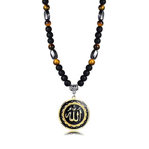 MEALGUET Allah Medallion Necklace, Stainless Steel Islamic Jewelry,Arabic Jewelry,Allah Name of God Round Pendant Necklace for Women and Men with Agate Beaded Chain, Muslim Gift Jewelry, Gift - style: Gold Plated-gemstone necklace
