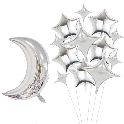 13Pcs Silver Moon & Star Foil Balloons Galaxy Party Decor - color: Sliver