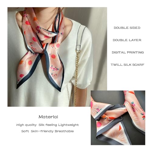 Silk Feeling Head Scarf Fashion Satin Hair Scarf Square Long Scarves for Women Gifts - color: 02 Pink Flower /5.12 X 59 Inch