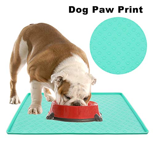Silicone Cat & Dog Bowl Mat, Non-Slip Pet Feeding Mat - Waterproof Dog & Cat Placemat (18.5"x11.8", Mint Green Paw Pattern) - color: Mint Green Paw Pattern, size: 18.5"x11.8"