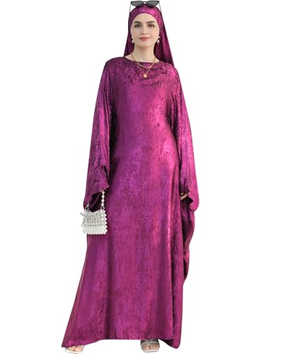 Luxury Dubai Style Abaya and Hijab Set, Breathable Modest Prayer Dress with Belt Loose Fit Muslim Robe - color: Damask Rose, size: Large(2)