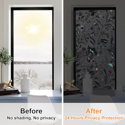 Blackout Window Film, 100% Sun Light Blocking Removable Privacy Window Cover, Stained Glass Windows Tint for Home, Static Cling Room Darkening Windows Stickers (Black Tulip, 17.5" x 78.7") - color: Black-tulip, size: 17.5" x 78.7"