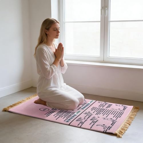 Bilingual Guided Prayer Mat with Direction Finder, Read in English and Say It in Arabic Guided Prayer Mat for Salah and Meditation (Pink, S)