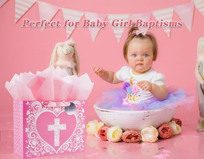 JWSCYSY 12.6" Large Pink Gift Bag with Metallic Silver Floral Cross Design, Card and Tissue Paper for Baby Girl Baptisms, Christenings, First Communions Religious - color: Pink 12.6"